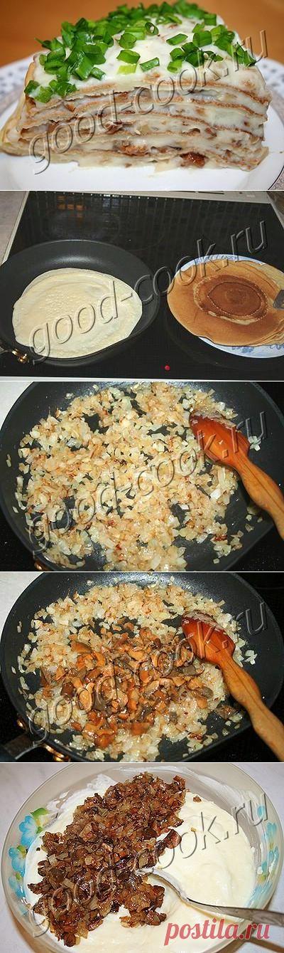 Блинчатый пирог с картофельным пюре и грибами