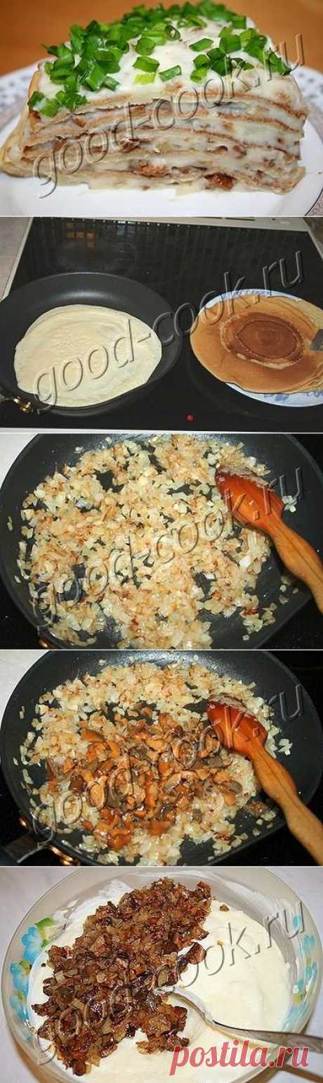 Блинчатый пирог с картофельным пюре и грибами