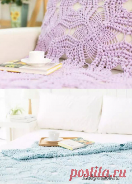 Плед из квадратов с четырехлистным цветком. Для вязания потребуется однотонная акриловая пряжа, крючок. Схемы вязания прилагаются. В готовом виде плед будет иметь размеры 130*100