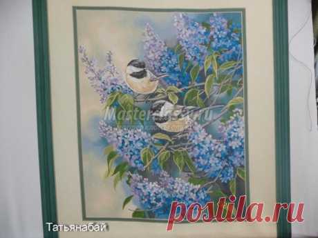 Вышивка лентами. Картина «Синицы на сирени». Часть 3. Мастер-класс с пошаговыми фото