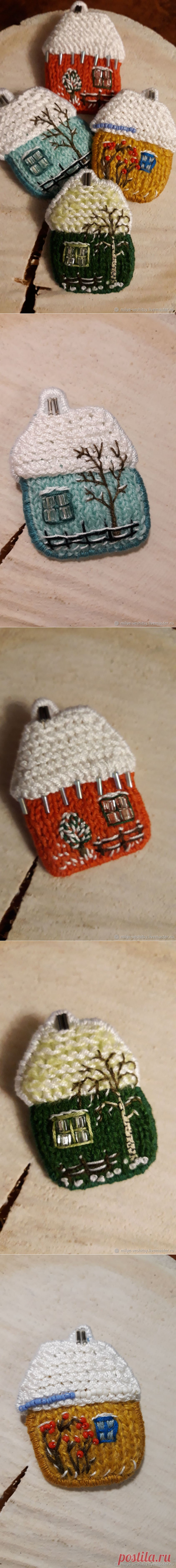 Броши вязаные с вышивкой 