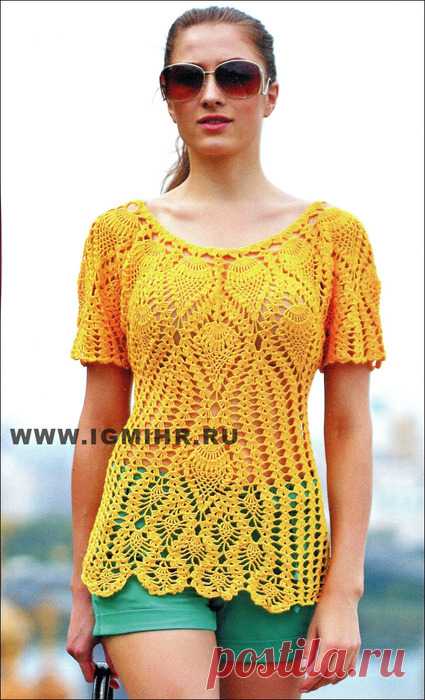 Летний желтый пуловер с "ананасами"