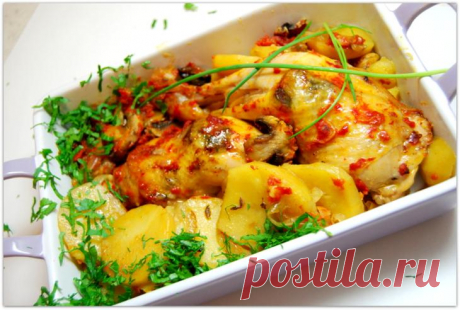 Куриные окорочка по-домашнему с грибами и картошкой.