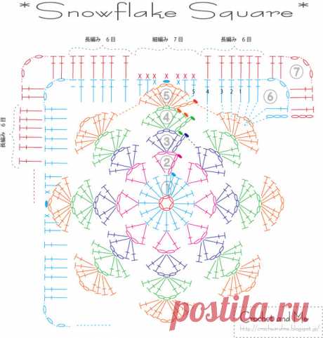 Бабушкин квадрат &quot;Снежинка&quot;. Схема.