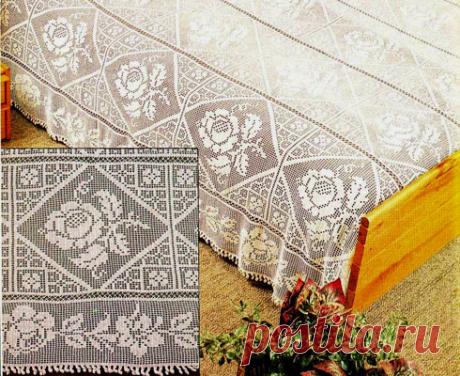 Филейное покрывало крючком с полосами из роз Схема вязания крючком филейного покрывала с полосами из роз