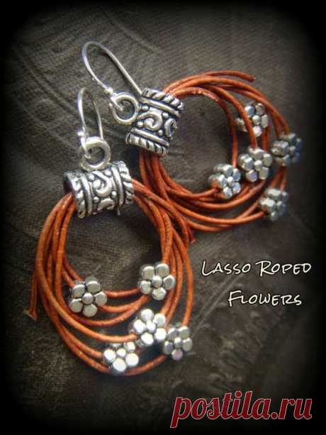 Rustic, CowGirl, South West, Lasso, Flowers, Leather, Hoop Beaded Earrings