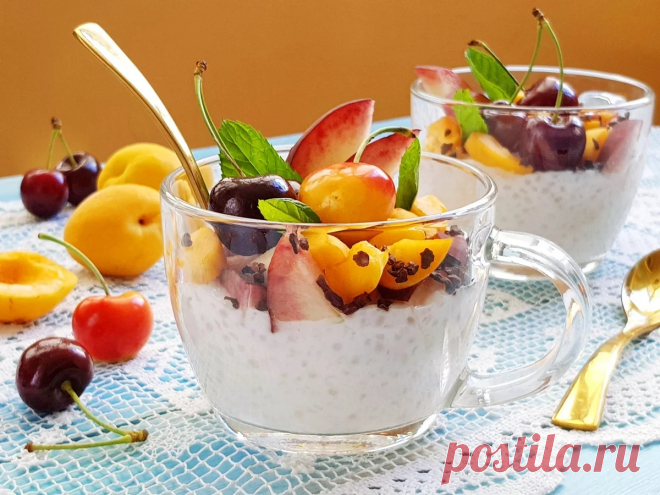 Тапиока на кокосовом молоке, с фруктами и крупкой какао