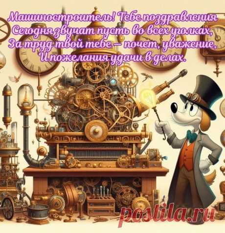 С Днем машиностроителя я поздравляю!
Уважают и ценят пускай этот труд.
Пусть исполнится то, о чём сердце мечтает,
Пусть успехи, удачи тебя в жизни ждут.