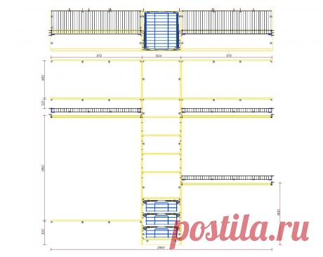 чертеж центральной секции, виды спереди и сверху с основными размерами. сделано в bCAD