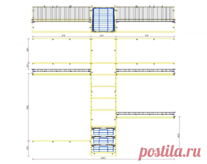 чертеж центральной секции, виды спереди и сверху с основными размерами. сделано в bCAD