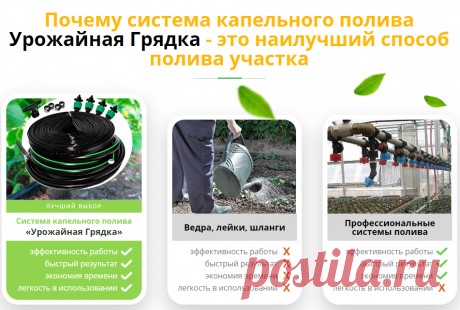 Система капельного полива
Урожайная Грядка
УНИКАЛЬНЫЙ ИНСТРУМЕНТ ДЛЯ ПОЛИВА САДА И ОГОРОДА
ЕЩЕ НИКОГДА ПОЛИВ УЧАСТКА НЕ БЫЛ ТАКИМ ЛЕГКИМ!
Экономит время полива в 4 раза Не размывает 
почву вокруг
корневой
системы
Почва всегда
остается
влажной