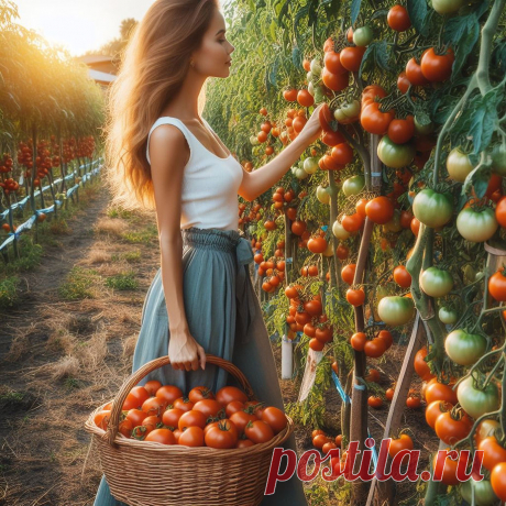 девушка собирает урожай томатов