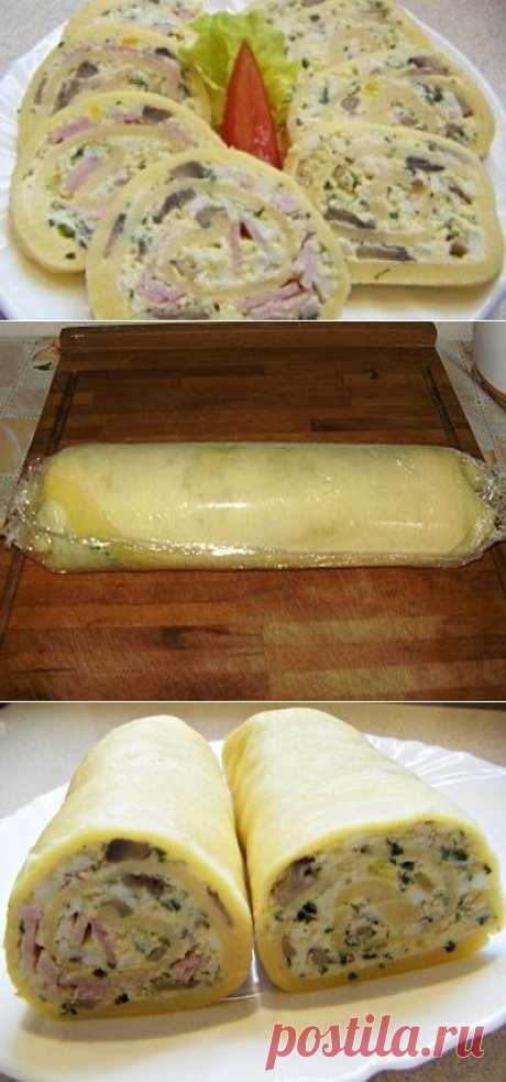 Сырный рулет с грибами и курицей