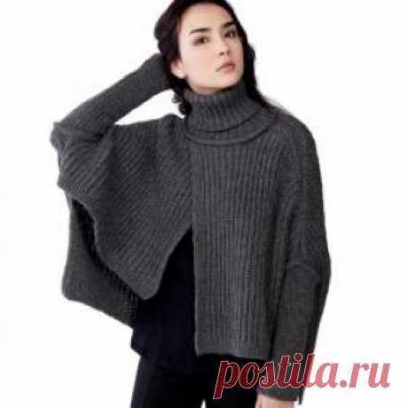 Свончо с запахом спицами Стильная модель женского свитера свончо, связанного из шерсти на спицах 4.5 мм узором резинка. Свончо - это среднее между обычным...