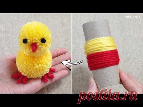Super Easy Pom Pom Chicken Making Idea with Woolen - DIY Pom Pom Chick - How to Make Yarn Chicken