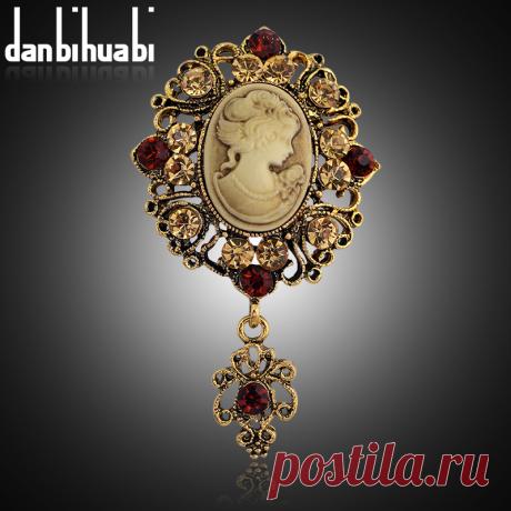 Danbihuabi Новый горный хрусталь брошь контакты темно золотой Цвет Broche винтажные Стиль красота голову Броши для женщин danbihuabi купить на AliExpress