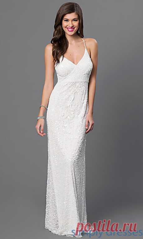 Marina Long White Sequined Dress, Spaghetti Straps