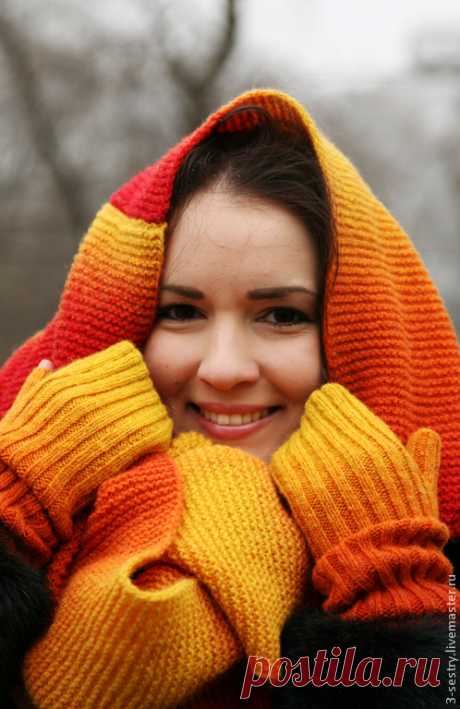 Купить Снуд вязаный шарф длинный красный, желтый, оранжевый, рыжий, бордовый - рыжий, оранжевый