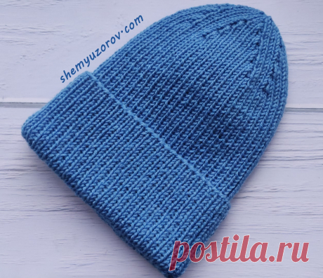 Вязаная шапка резинкой с отворотом спицами. Очень подробное описание по рядам!