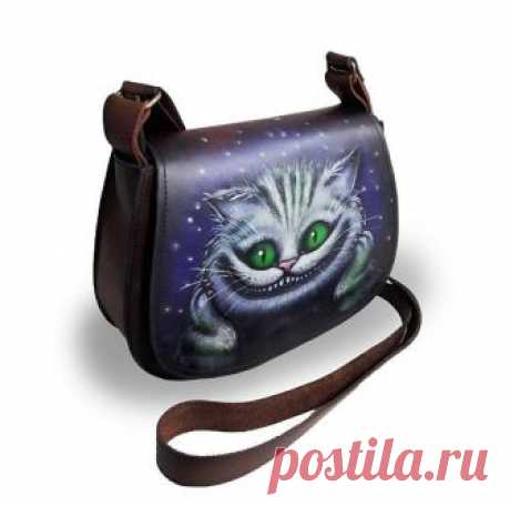 Handbag leather, author's handmade. With a picture of a cat.Size 27/21 centimeters Leather handbag, authors manual work. With a replaceable valve. With a picture of a cat.Leather handbag, authors manual work. With a replaceable valve. With the drawing of the cat. The handbag of handmade work. The drawing was made by an airbrush. Excellent quality.Size 27/21 centimeters