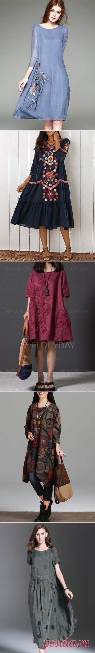 Floryday - Повседневное платье из лена длины по колено цвета сплошного с средними рукавами (1955124712)