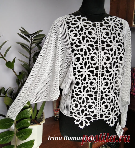 Нарядная белая блуза в технике фриформ
Автор этой поистине великолепной блузы с рукавом свободной формы 