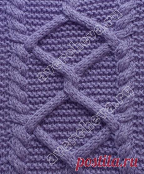 Ромбы из кос на фоне лицевой вязки | каталог вязаных спицами узоров