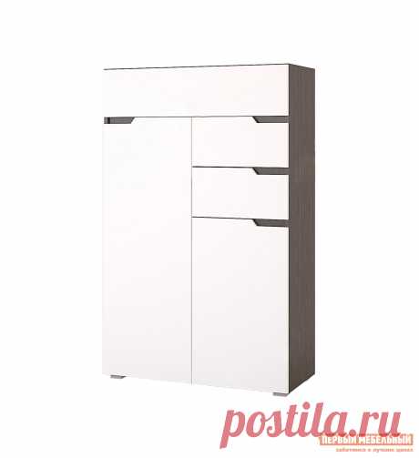 Комод Анталия 1 Стильный высокий комод Анталия 1 с двумя малыми ящиками, одним большим и двумя шкафчиками.  Модель сделана в модном дизайне и отлично впишется в любой интерьер гостиной, спальни или прихожей.  В большом отделении за дверью — две полки, в малом — одна. Преимущества:вместительный — два шкафчика и три ящика;фасады Soft Touch — они мягкие и бархатистые на ощупь;эргономичный — дверцы и ящики без ручек;стильный — модное сочетание оттенков для корпуса и фасадов;Вн...