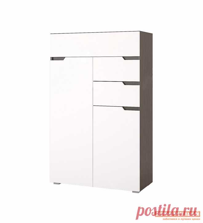 Комод Анталия 1 Стильный высокий комод Анталия 1 с двумя малыми ящиками, одним большим и двумя шкафчиками.  Модель сделана в модном дизайне и отлично впишется в любой интерьер гостиной, спальни или прихожей.  В большом отделении за дверью — две полки, в малом — одна. Преимущества:вместительный — два шкафчика и три ящика;фасады Soft Touch — они мягкие и бархатистые на ощупь;эргономичный — дверцы и ящики без ручек;стильный — модное сочетание оттенков для корпуса и фасадов;Вн...