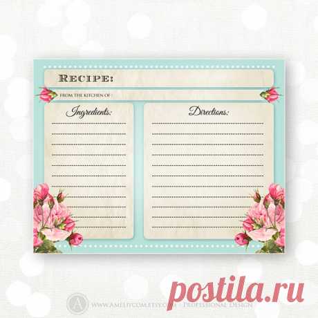 Printable Recipe Cards Teal & Pink Flowers INSTANT by AmeliyCom