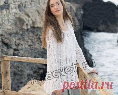 Джемпер из льна - Хитсовет Летняя модель для женщин белого джемпера из льна связанного спицами со схемой и пошаговым бесплатным описанием вязания.