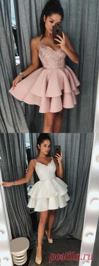 chic spaghetti straps short homecoming dresses, cheap pink lace tiered homecoming dress, knee length prom party gowns