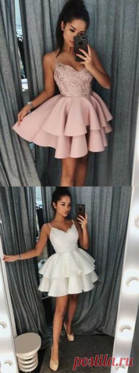 chic spaghetti straps short homecoming dresses, cheap pink lace tiered homecoming dress, knee length prom party gowns