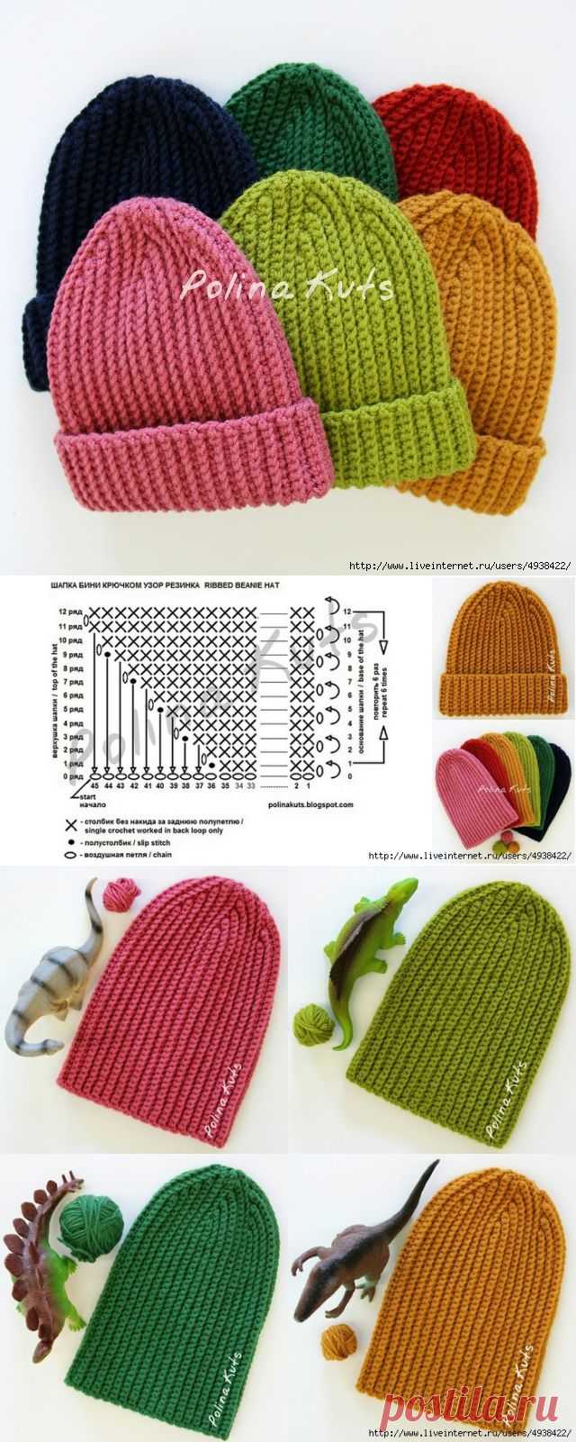 Шапка бини крючком узором "Резинка". Ribbed beanie hat.