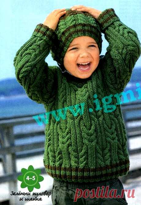 Пуловер и шапочка с косами, для мальчика 2-8 лет