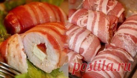 Рулетики из куриного филе с сыром &quot;Фета&quot; и помидорами, в беконе