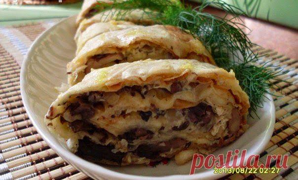 шеф-повар Одноклассники: Запеченный рулет из лаваша с грибами и курицей