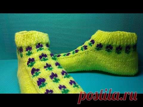 Красивые тапочки спицами/следки с подошвой без шва #657