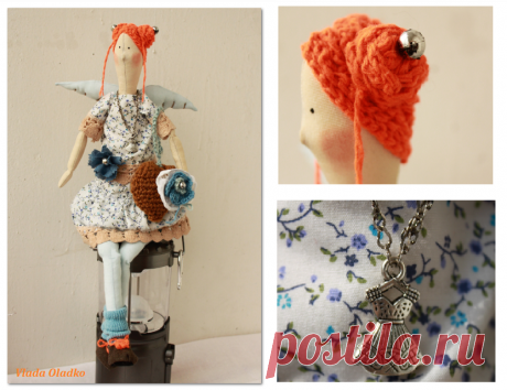 Лазурный ангел в стиле тильда с рыжими волосами и вязанным сердцем. Рост 50 см. Выполнен в бело-сине-голубых тонах, отлично сидит, куколка одета в платье с элементами бохо стиля, голубые гетры и тапочки.