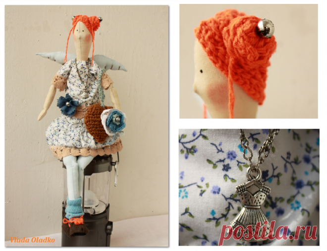 Лазурный ангел в стиле тильда с рыжими волосами и вязанным сердцем. Рост 50 см. Выполнен в бело-сине-голубых тонах, отлично сидит, куколка одета в платье с элементами бохо стиля, голубые гетры и тапочки.