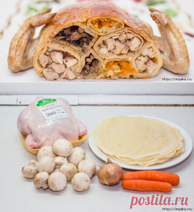 Курица, фаршированная блинами