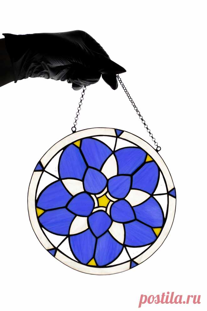 Stained glass suncatcher Forget-me-not flower mandala Window hanging d Window hanging suncatcher made of stained glass pieces by my own disign.Handmade using Tiffany copper foil technique.Looks amazing in the lights of a sun.You will get it completely ready for installation. It comes with a suction cup hanging and copper chain.It will be a great gift for friends or relatives. Width: 8 inc