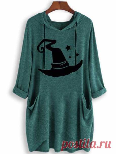 Print Schwarz Hut Tasche Langarm Kapuzenpullover – glamtome