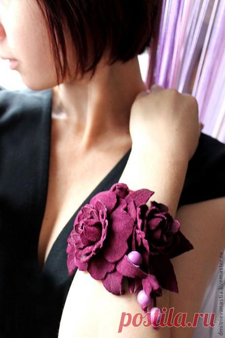 Браслет с цветами из кожи "Бордовый" Без повтора - бордовый,браслет из кожи