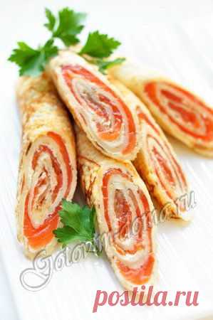 Рецепт: Блинчики со сливочным сыром и семгой