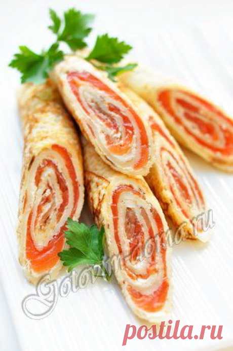 Рецепт: Блинчики со сливочным сыром и семгой