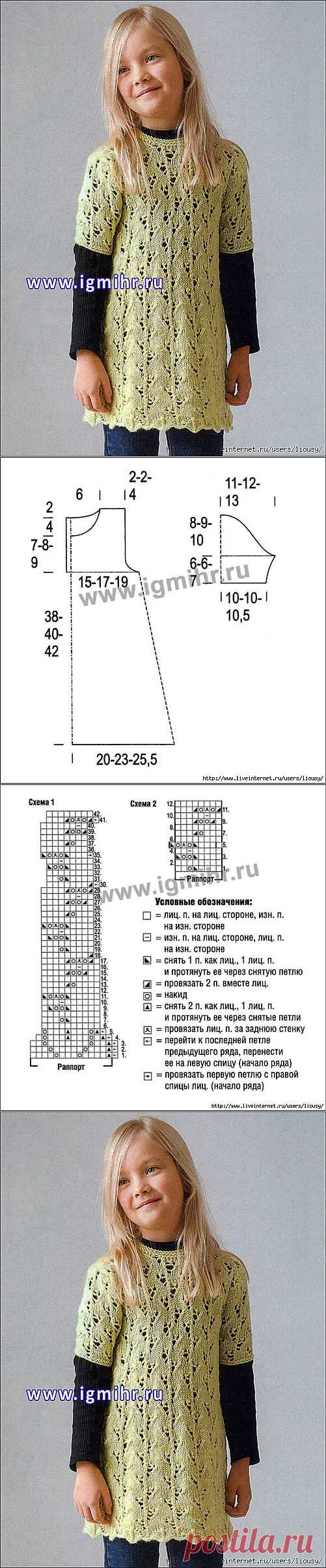 Ажурная туника оливкового цвета для маленькой модницы, от финских дизайнеров. Спицы.