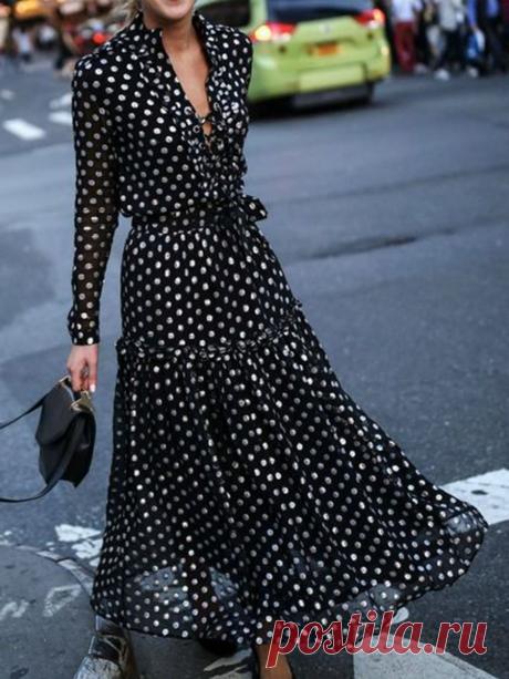 JustFashionNow Plus Size V-Neck Black Women Prom Dress Swing Dress Long Sleeve Elegant Chiffon Paneled Polka Dots Dress
