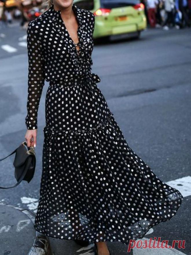 JustFashionNow Plus Size V-Neck Black Women Prom Dress Swing Dress Long Sleeve Elegant Chiffon Paneled Polka Dots Dress