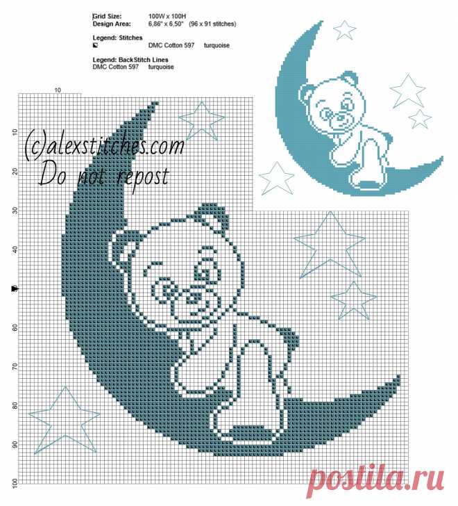 Sweet-aqua-green-teddy-bear-on-the-Moon-bedtime-free-cross-stitch-pattern.jpg (1812×2000)